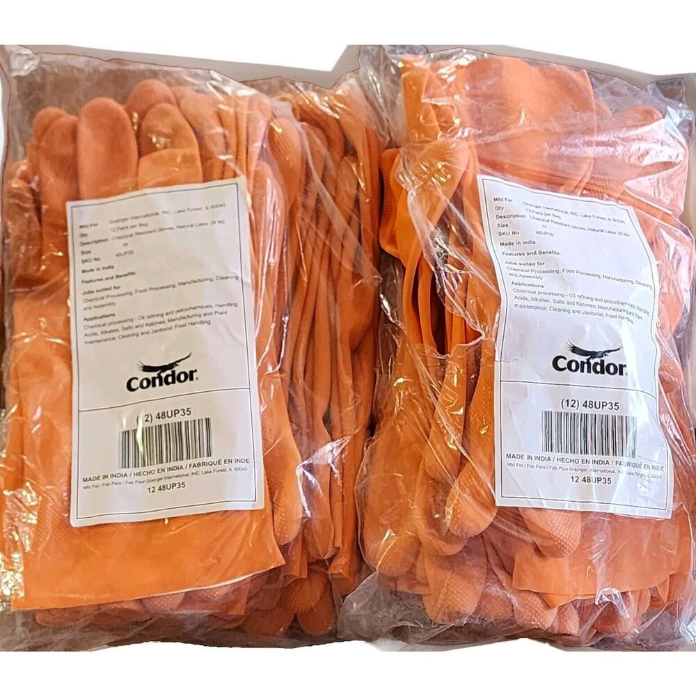 CONDOR 48UP35 Chemical Resistant Gloves , Size 11 Orange 12pack (X2) 24 Pairs